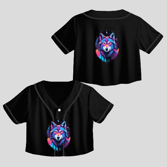 Eerie Blacklight Wolf Crop Top Baseball Jerseys - Neon Colors