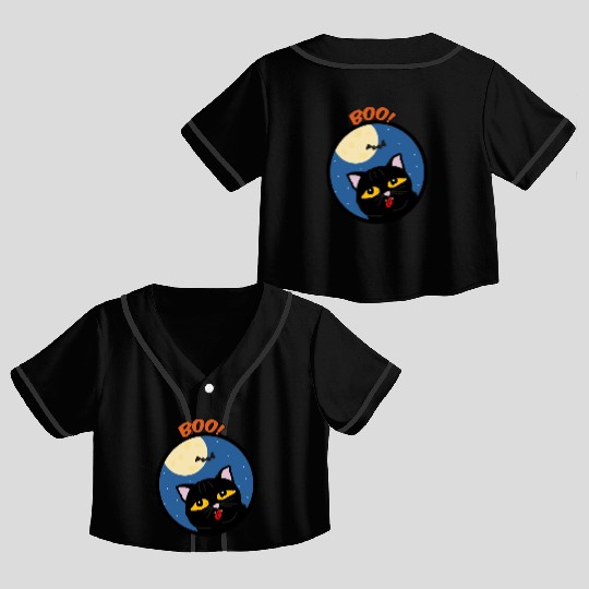 Boo cat in the moon light with a bat Halloween Crop Top Baseball Jerseys