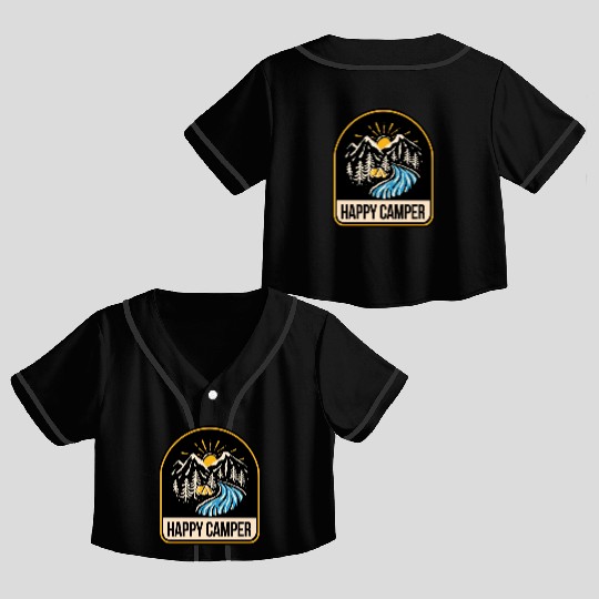Happy Camper Camping Campfire Tent Crop Top Baseball Jerseys