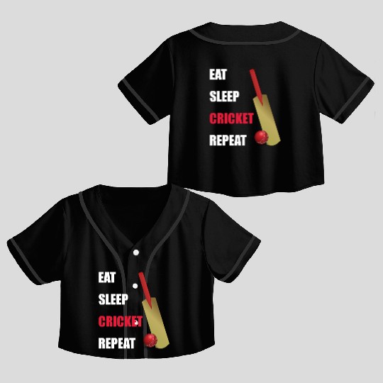 Eat Sleep Cricket Repeat Red and White Text Crop Top Baseball Jerseys