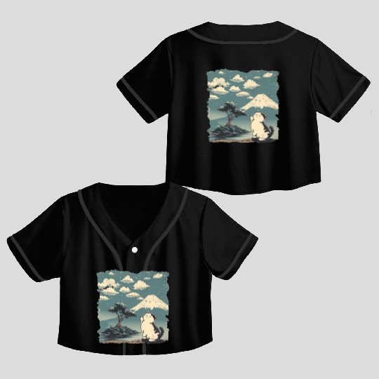 Mt. Fuji Kitten Papyrus Scroll Retro Japanese Art Crop Top Baseball Jerseys