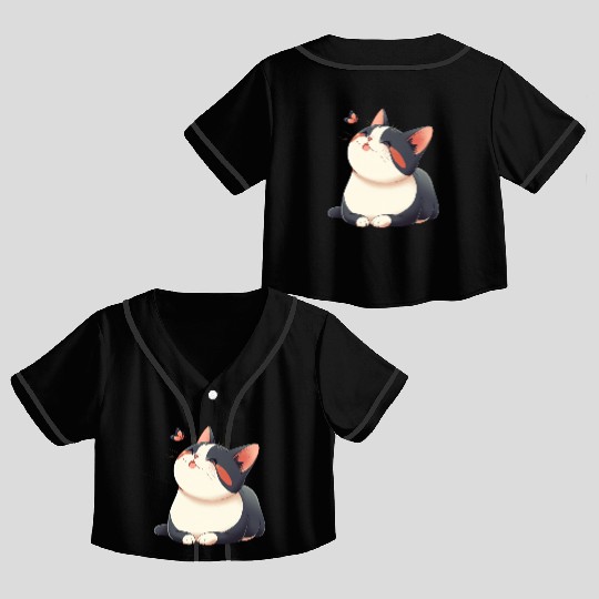Kawaii Cat and Butterfly Crop Top Baseball Jerseys