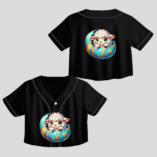 Colorful Lamb Hatching from Easter Egg Cartoon Crop Top Baseball Jerseys