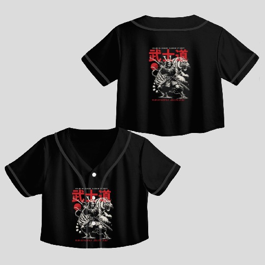 Japanese Samurai with Katana, Kanji Typography Crop Top Baseball Jerseys