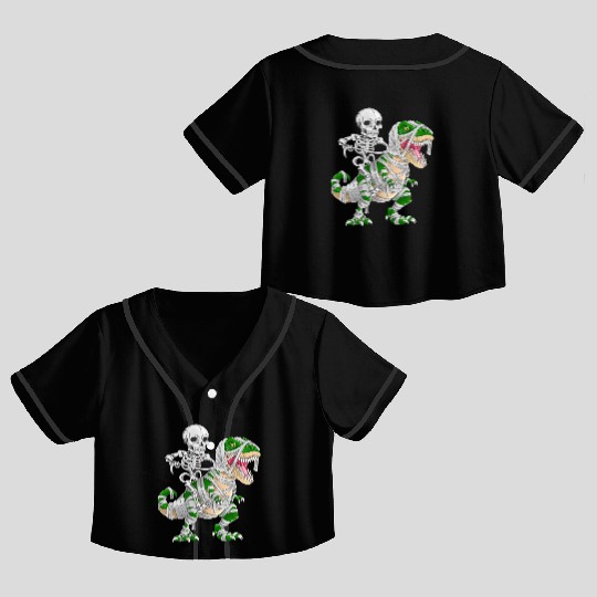 Skeleton Riding Mummy Dinosaur T rex Halloween Crop Top Baseball Jerseys