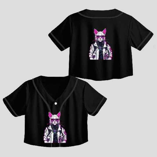 Cyberpunk Cat: Neon Outlaw Crop Top Baseball Jerseys
