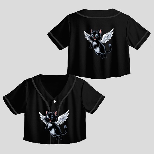 Black Cat with Angel Wings Crop Top Baseball Jerseys
