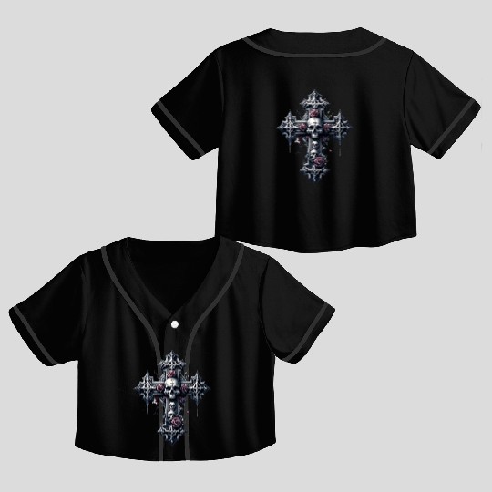 Gothic Cross Collection - Skulls and Red Roses Crop Top Baseball Jerseys