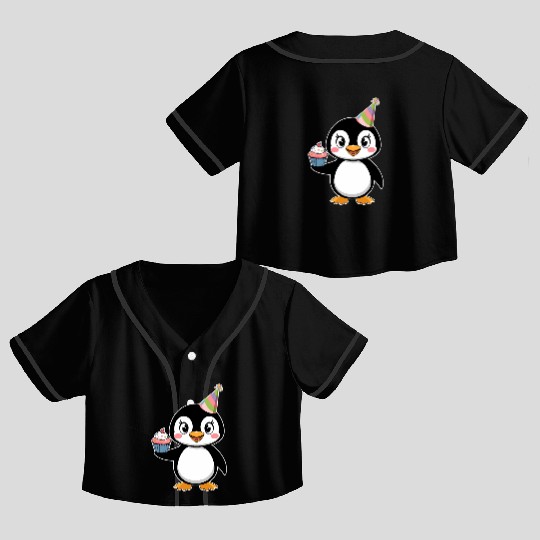 Birthday Joyful Penguin With Cupcake Crop Top Baseball Jerseys