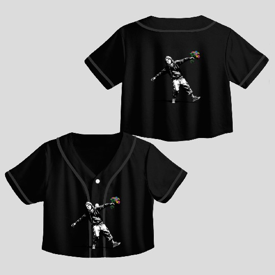 Banksy Protester Throwing Flowers Crop Top Baseball Jerseys