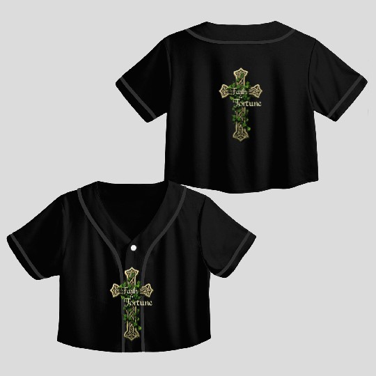Celtic Cross Faith & Fortune Shamrock Design Crop Top Baseball Jerseys