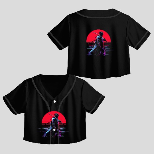 Cyberpunk Samurai Warrior Under Neon Moon Crop Top Baseball Jerseys