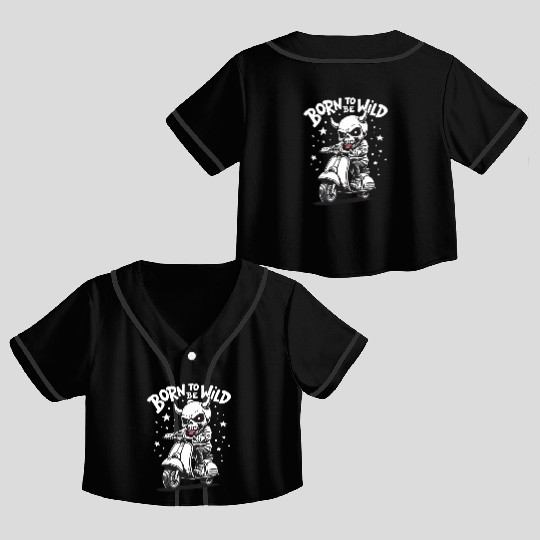 Born to Be Wild - Skull Devil on Scooter Crop Top Baseball Jerseys