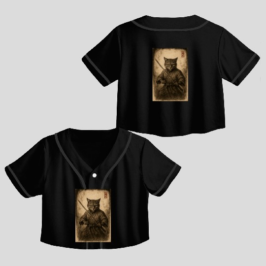 Samurai Cat in Vintage Style Crop Top Baseball Jerseys