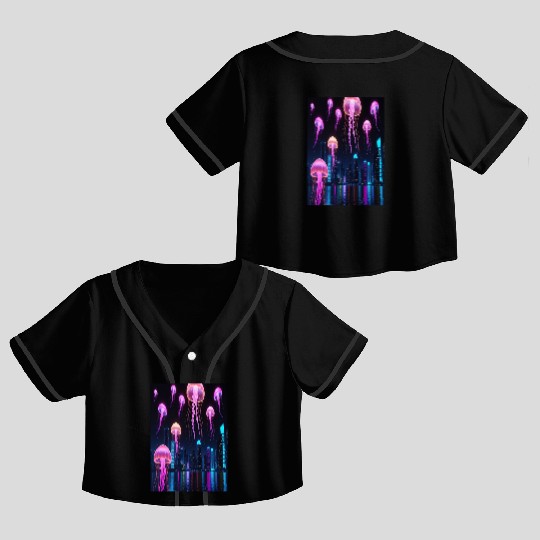 Neon Jellyfish Over Cyber City Crop Top Baseball Jerseys