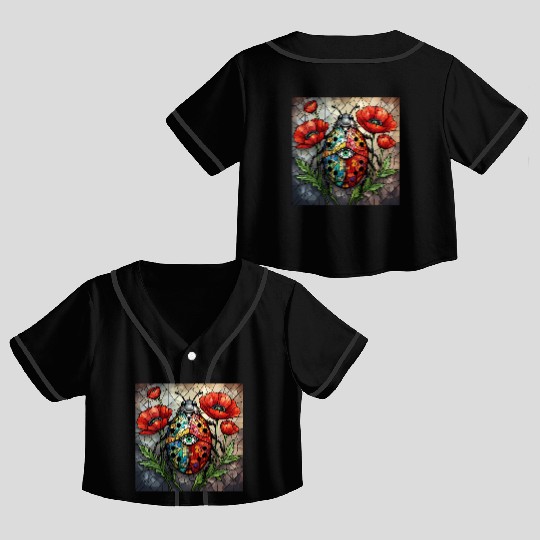 Ladybug stained glass vibrant poppy flower insect Crop Top Baseball Jerseys