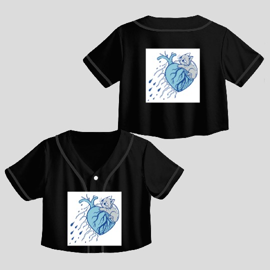 Whimsical Cat Embracing Heart Crop Top Baseball Jerseys