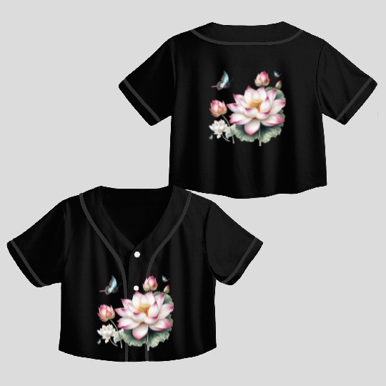 Light Pink Lotus and Butterflies  Crop Top Baseball Jerseys