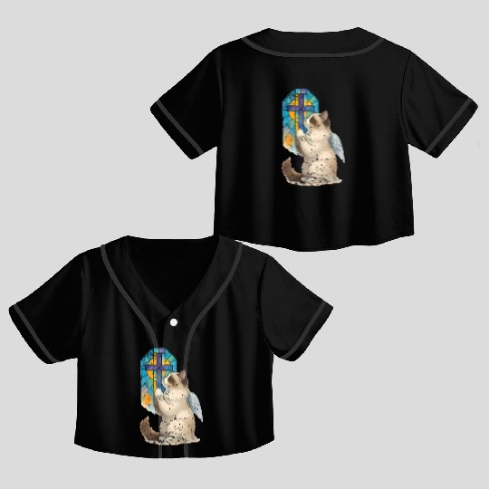 Celestial Cat with Stained Glass Cross Crop Top Baseball Jerseys