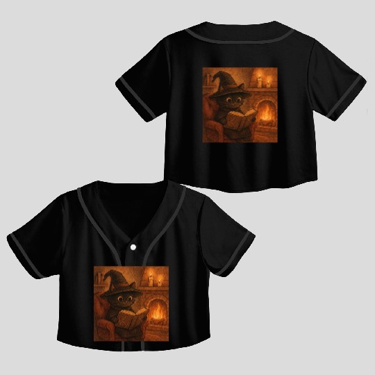 Enchanted Cat Witch by the Fireplace Crop Top Baseball Jerseys