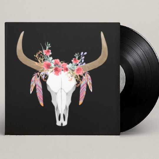Floral Cow Skull With Feathers Bull Skull Custom Vinyl Record Sleeves
