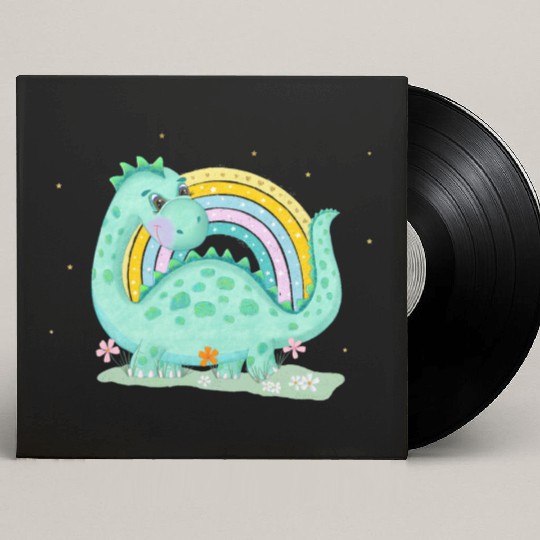 Dinosaur with Rainbow and Flowers Custom Vinyl Record Sleeves