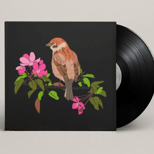 Sparrow on a branch pink flowers of an apple tree Custom Vinyl Record Sleeves