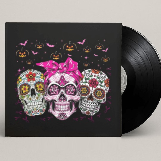 Sugar Skull In October We Wear Pink Breast Cancer Custom Vinyl Record Sleeves