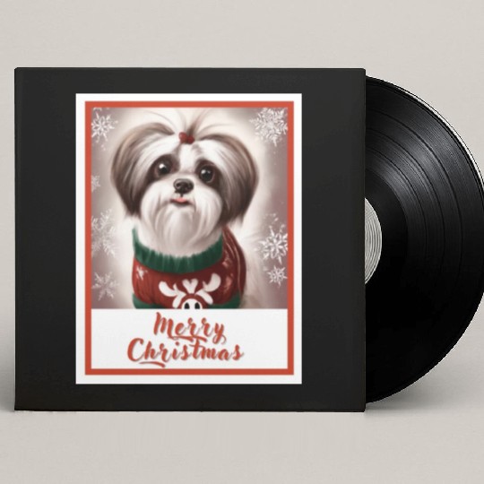 Shih tzu dog in a Christmas reindeer sweater. Custom Vinyl Record Sleeves