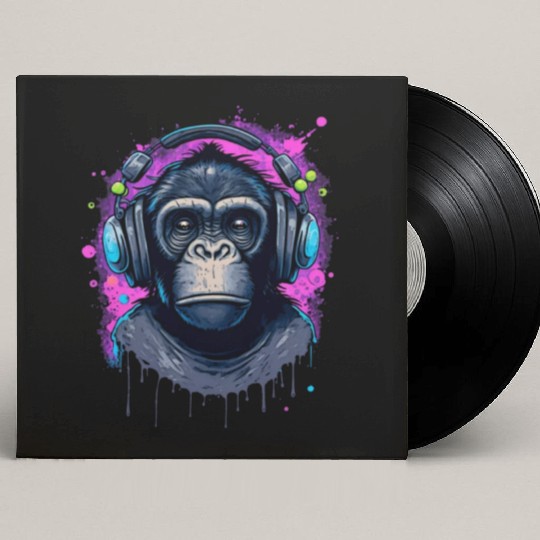 ape, primate, monkey wearing headphones Custom Vinyl Record Sleeves