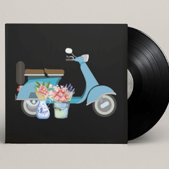 Blue Retro Scooter With Tulips Art Design Custom Vinyl Record Sleeves