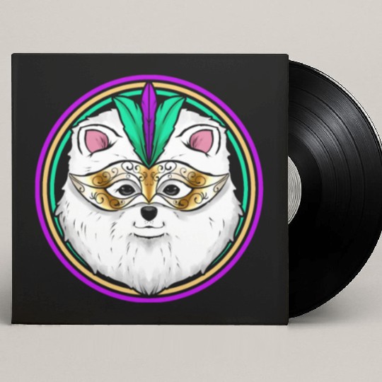 Pomeranian Or Samoyed Dog With Mask For Mardi Gras Custom Vinyl Record Sleeves