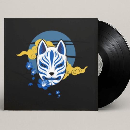 Black and Blue Japanese Kitsune Mask Custom Vinyl Record Sleeves