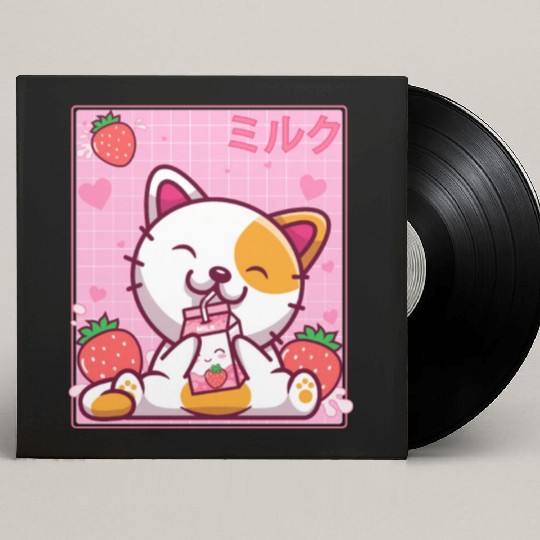 Kawaii Kitten Cute Cat Strawberry Milk Shake Custom Vinyl Record Sleeves