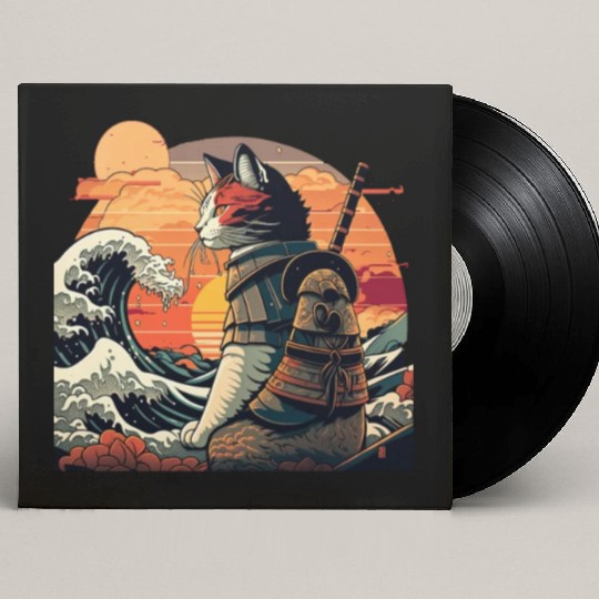 Retro samurai cat The Great Wave Hokusai Custom Vinyl Record Sleeves