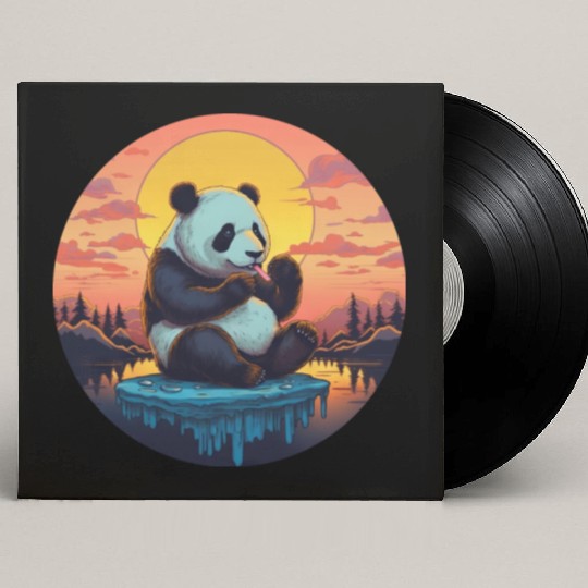 Cute Panda on Ice Floe with Sweets - Sunset Custom Vinyl Record Sleeves