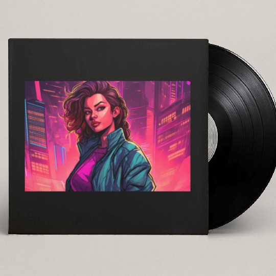 Girl in front of a Neon Pink Cityscape Custom Vinyl Record Sleeves