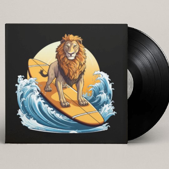 Surfing Lion at Sunset, Adventurous Animal Design Custom Vinyl Record Sleeves
