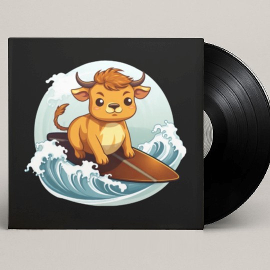 Surfing Cow on Surfboard, Adventurous Animal Custom Vinyl Record Sleeves