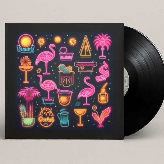 Neon Nightscape: Tropical Flamingos and Eclectic N Custom Vinyl Record Sleeves