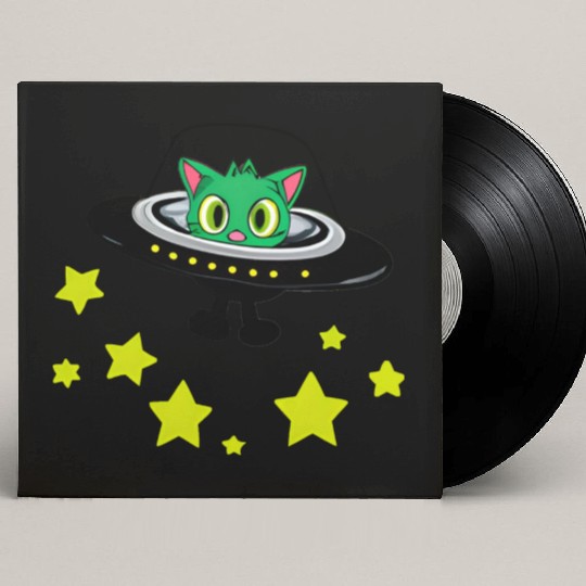 Cat Alien In UFO With Stars Custom Vinyl Record Sleeves