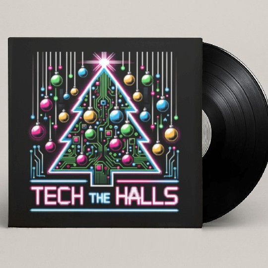 Tech the Halls - Christmas Tree in 8-bit Neon Custom Vinyl Record Sleeves