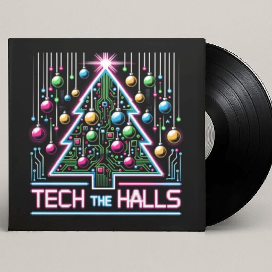 Tech the Halls - Christmas Tree in 8-bit Neon Custom Vinyl Record Sleeves