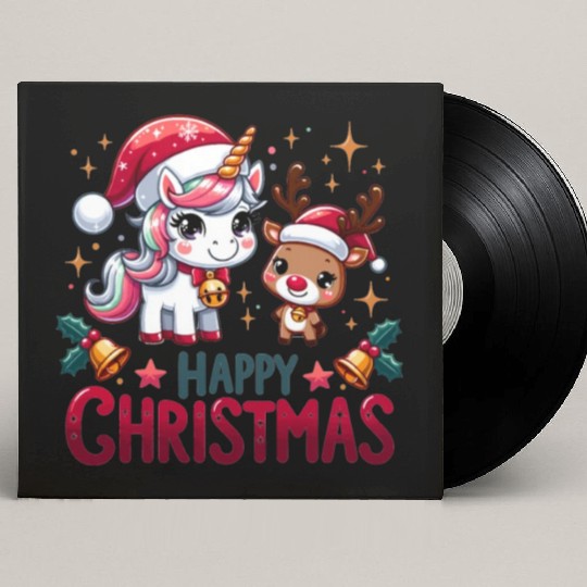 Cheerful Unicorn & Reindeer - Merry Christmas Custom Vinyl Record Sleeves
