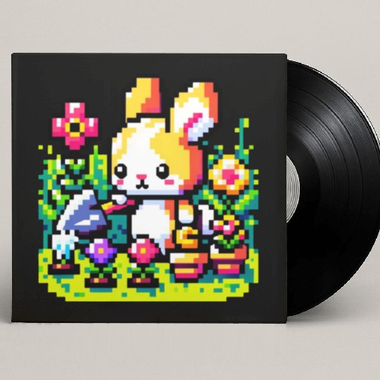 8-Bit Bunny Gardener: Retro Digital Garden Scene Custom Vinyl Record Sleeves