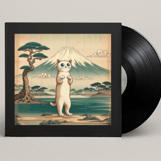 Mt. Fuji Kitten Papyrus Scroll Retro Japanese Art Custom Vinyl Record Sleeves