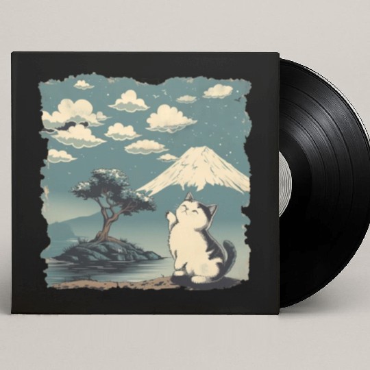 Mt. Fuji Kitten Papyrus Scroll Retro Japanese Art Custom Vinyl Record Sleeves