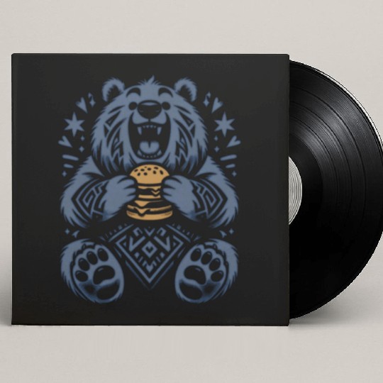 Cute Grizzly with Hamburger, Blue Custom Vinyl Record Sleeves