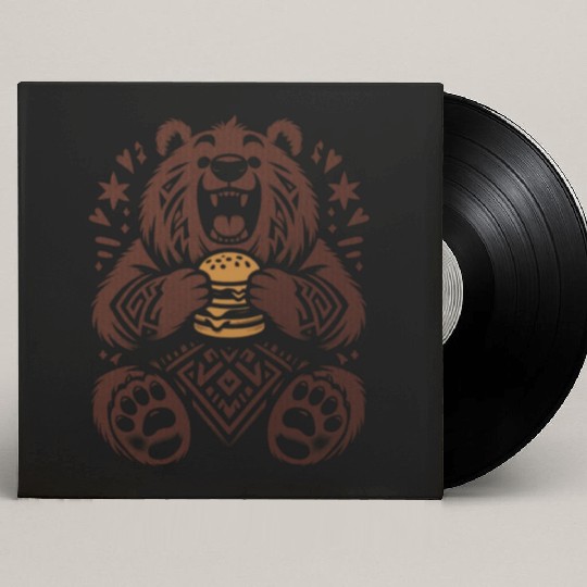 Cute Grizzly with Hamburger, Brown Custom Vinyl Record Sleeves