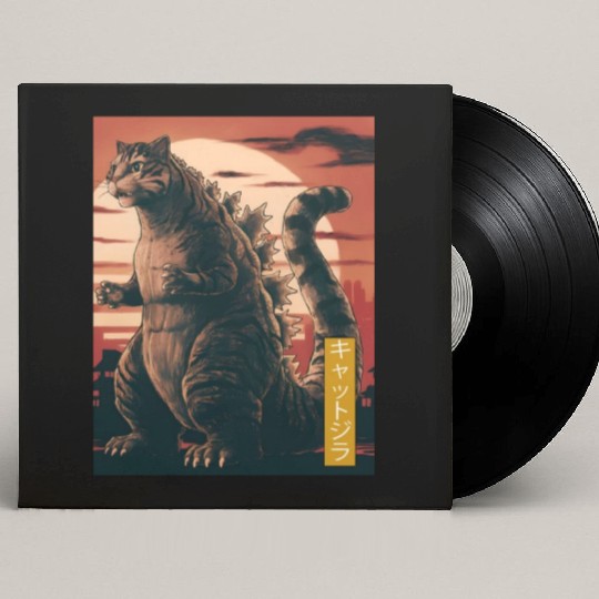 Funny Cute Cat Art Japanese Sunset Retro Catzilla Custom Vinyl Record Sleeves